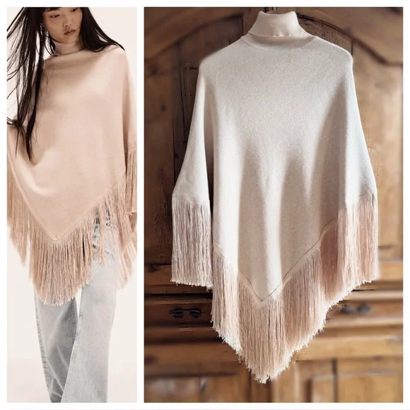 Free People Fringy Poncho S NWT Tan CreamLuxe Boho Winter Layer